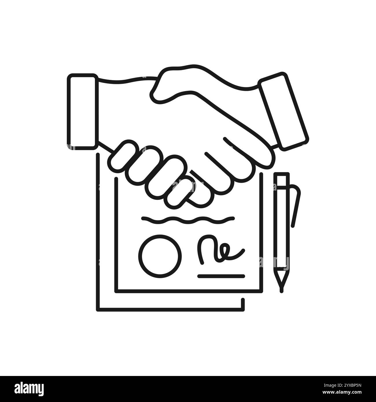 Icona linea piatta accordo. Documenti cartacei con timbro. Logo lineare sottile per servizi finanziari legali, contabilità. Illustrazione Vettoriale