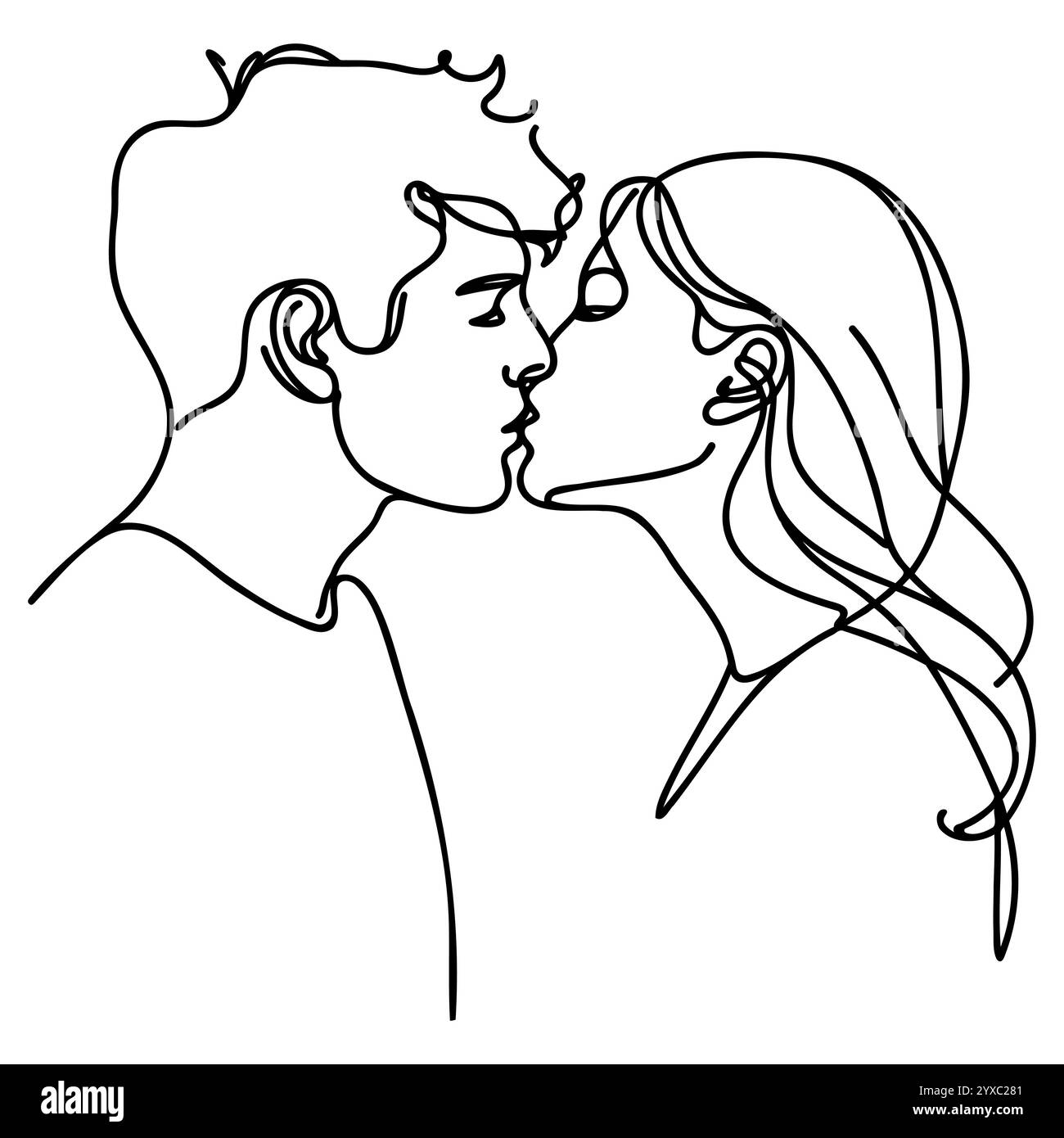 Guy bacia una ragazza con disegni in linea continua isolata su sfondo bianco. Illustrazione vettoriale. Illustrazione Vettoriale