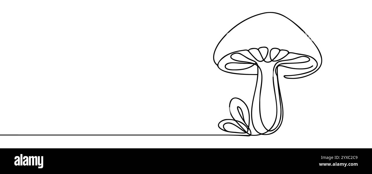 Disegno a fungo continuo di una linea dell'icona del vettore di contorno isolato. Illustrazione Vettoriale