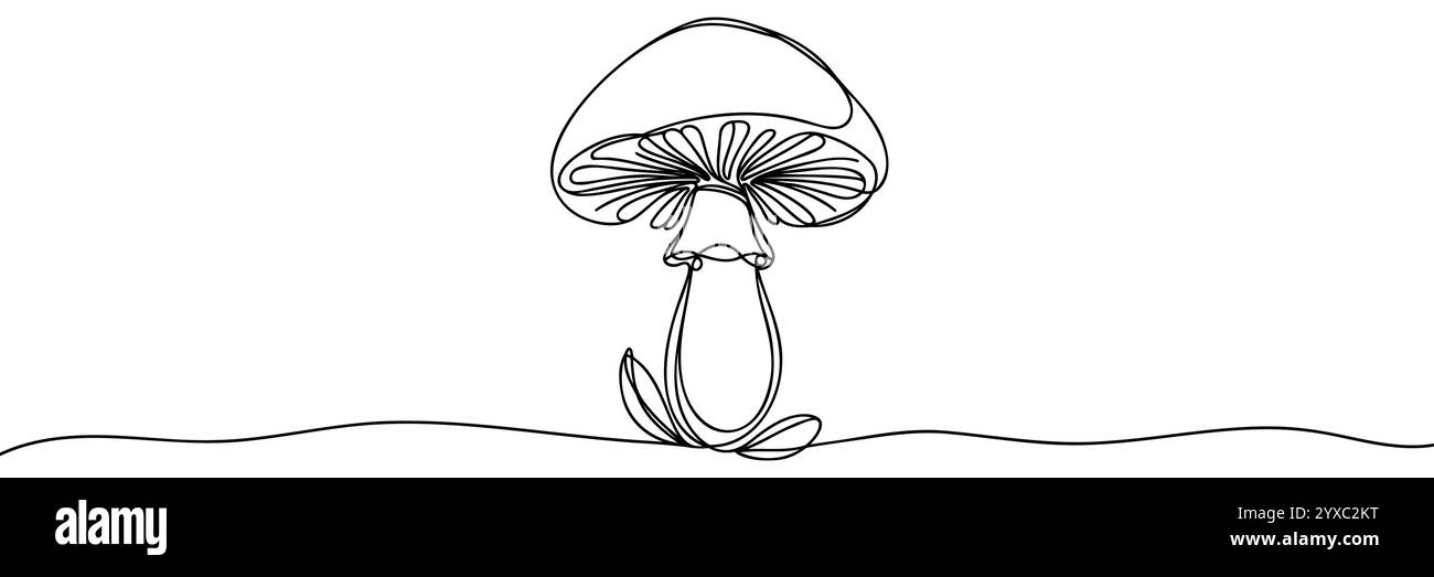 Disegno a fungo continuo di una linea dell'icona del vettore di contorno isolato. Illustrazione Vettoriale