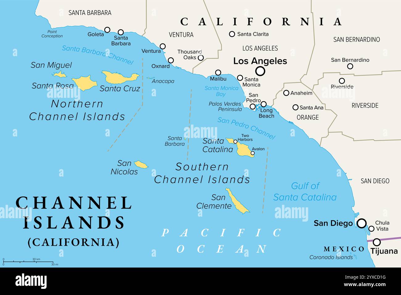 Channel Islands of California, mappa politica. Arcipelago di otto isole nel Pacifico, a sud-ovest dell'area metropolitana di Los Angeles. Foto Stock