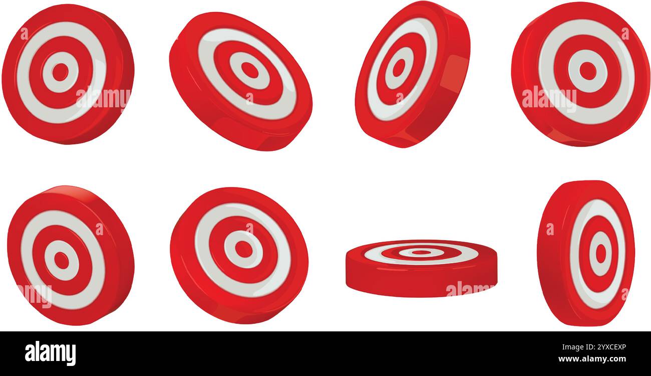 Bersagli Bullseye. Disco di destinazione, icone di freccette e simboli circolari rossi e bianchi di tiro con l'arco illustrazione vettoriale isolata di vari angoli 3D. Illustrazione Vettoriale