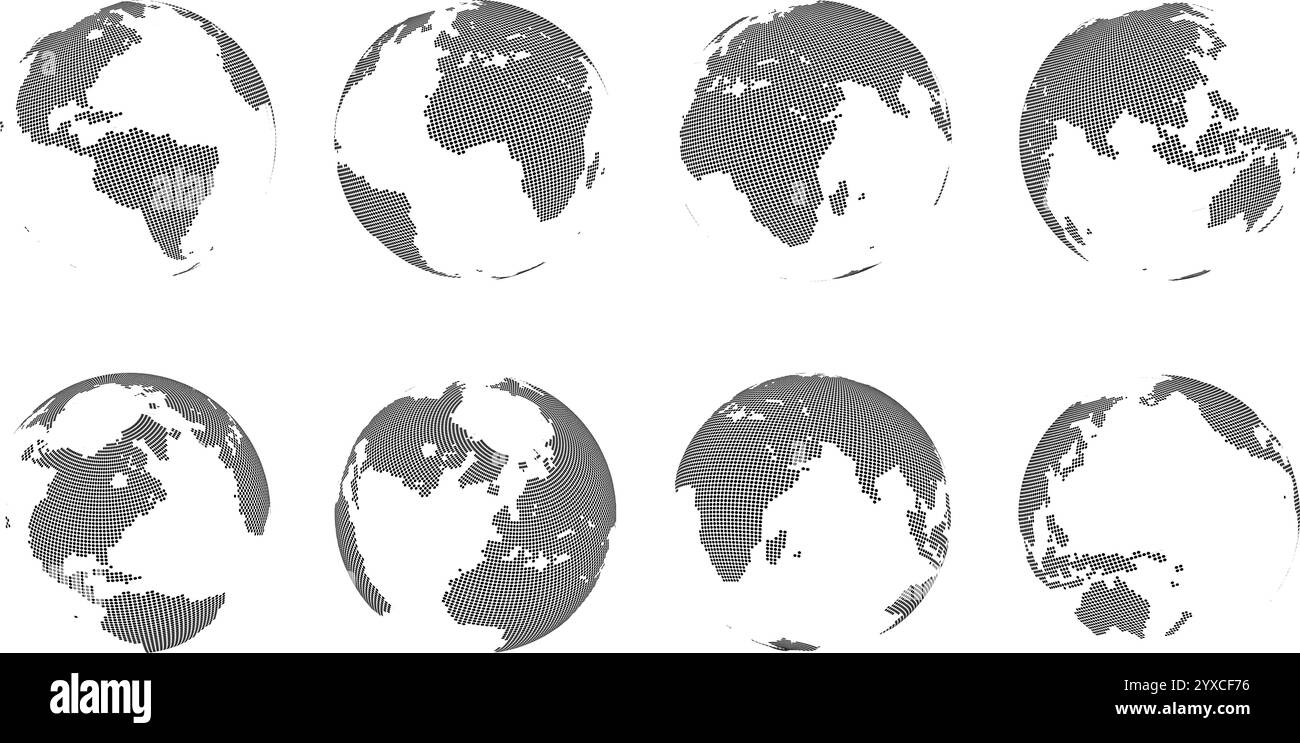 Mappa mondiale 3D. Sfera globo con continenti punteggiati, reticolo a griglia a punti della Terra e grafica geometrica della tecnologia geografica. Futuristico globale isolato Illustrazione Vettoriale