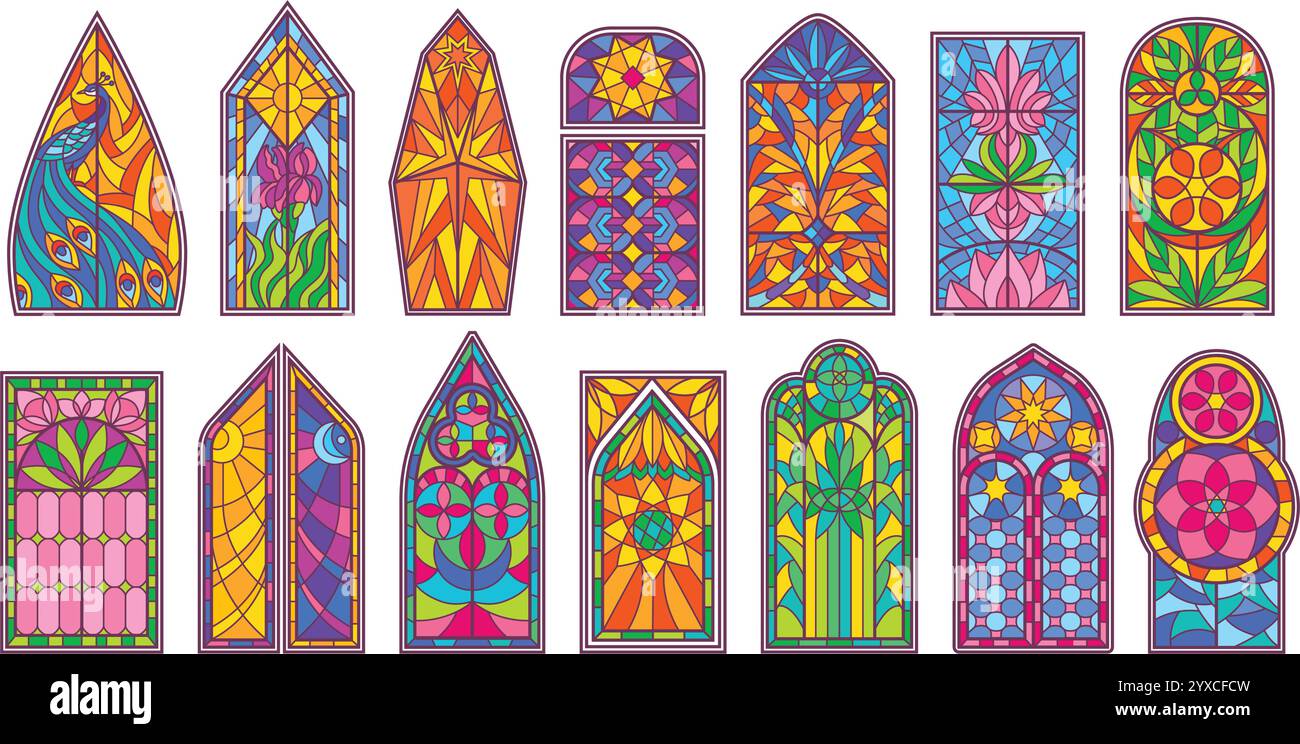Finestre in vetro colorato. Mosaici in vetro colorato con motivi floreali ornamentali, finestre medievali della chiesa e architettura decorativa della cattedrale Illustrazione Vettoriale
