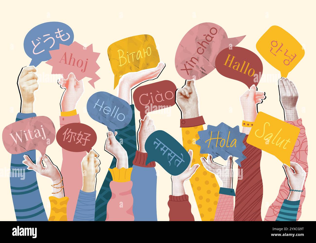 Collage linguistico internazionale. Scuola di lingue, media misti, mezzi di comunicazione, folle di mani alzate che tengono bolle di discorso con saluti multipli Illustrazione Vettoriale