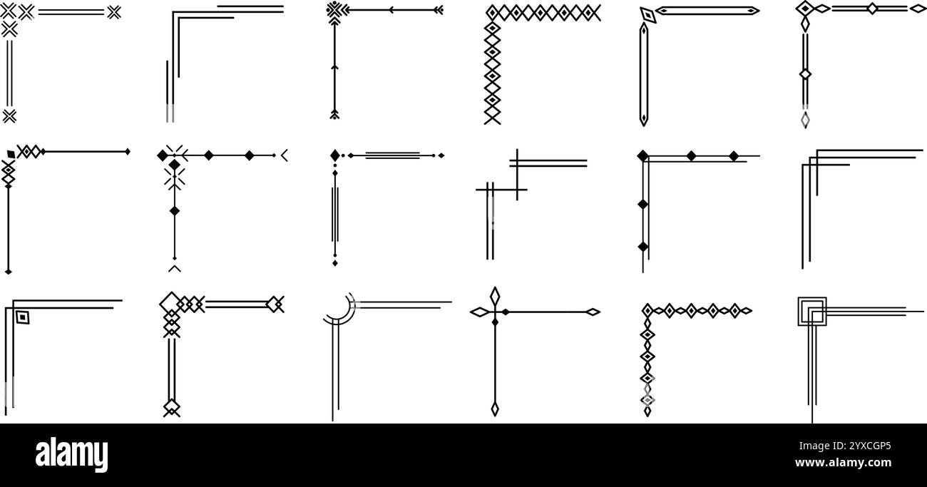 Spigoli semplici della linea geometrica. L'elegante decorazione d'angolo fiorisce, i bordi presentano motivi geometrici minimalisti. Cornice lineare moderna e pulita Illustrazione Vettoriale