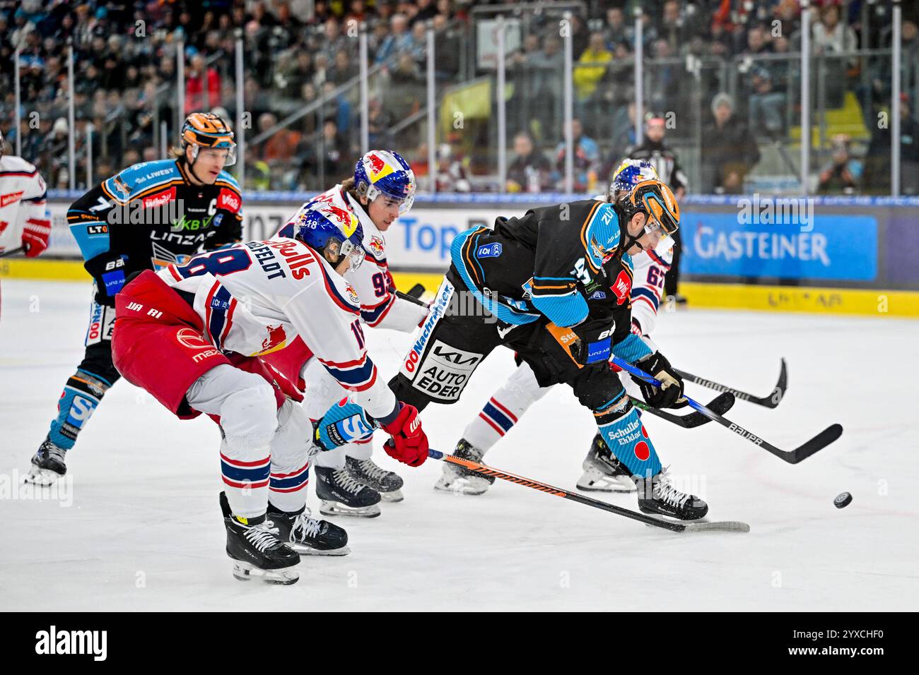 Linz, Austria. 15 dicembre 2024. LINZ, AUSTRIA - 15 DICEMBRE: Brian Lebler di Steinbach Black Wings Linz, Paul Stapelfeldt di EC Red Bull Salzburg, Laurin Sandholzer di EC Red Bull Salzburg Luka Maver di Steinbach Black Wings Linz e Philipp Wimmer di EC Red Bull Salzburg 2024 241215 068 20241215 Foto Stock