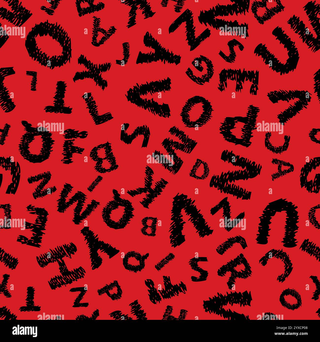 Alfabeto Doodle sfondo senza cuciture. Modello vettoriale infinito con lettere nere su sfondo rosso. Illustrazione Vettoriale