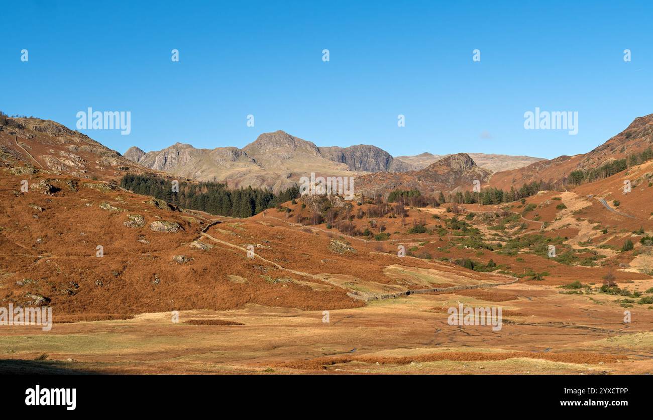 La catena montuosa di Langdale Pikes, vista dalla valle di Little Langdale in autunno, English Lake District, Cumbria, Inghilterra, Regno Unito Foto Stock