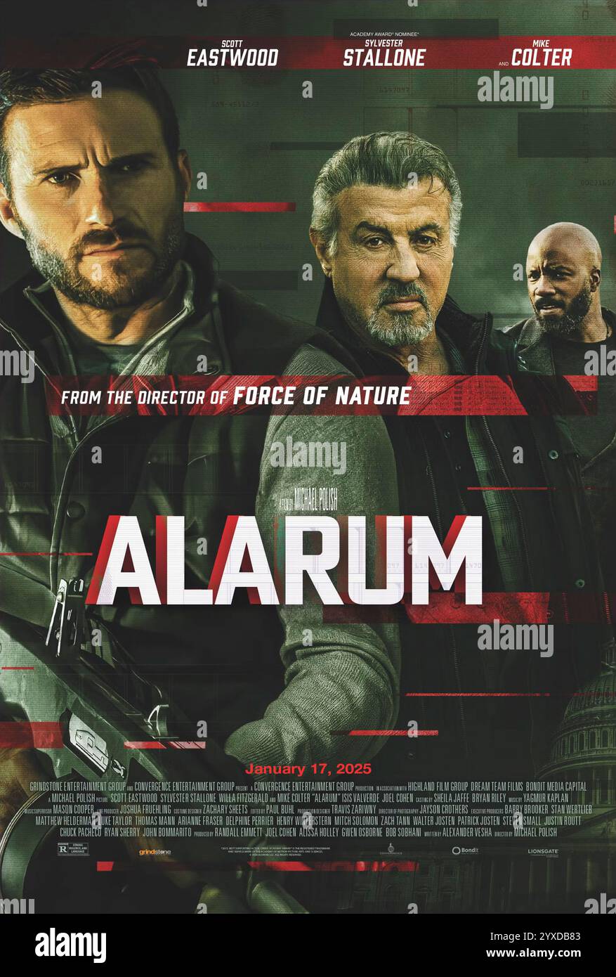 Alarum (2025) diretto da Michael Polish e interpretato da Scott Eastwood, Sylvester Stallone e Mike Colter. Un thriller d'azione ad alta posta sullo sfondo di intrighi politici. USA SOLO PER USO EDITORIALE DI un foglio di poster. Credito: BFA / Lionsgate Foto Stock