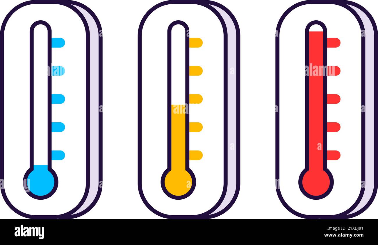 Icone della linea del termometro in un semplice cartone animato. Illustrazione clip art del vettore blu (freddo), rosso (caldo) e giallo (normale). Illustrazione Vettoriale