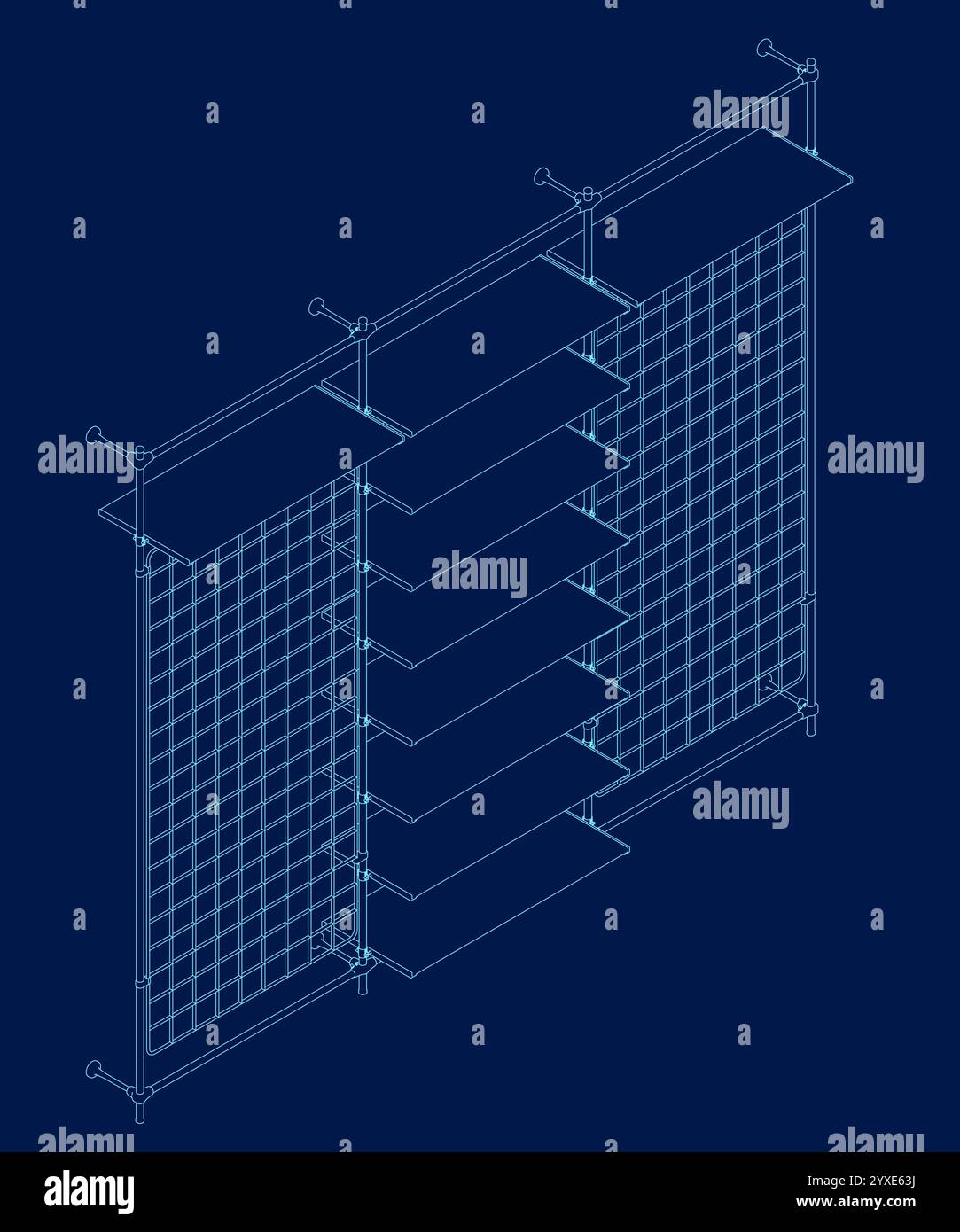Scaffalatura sagomata. Isolato su sfondo blu. Vista isometrica. Illustrazione vettoriale 3D. Illustrazione Vettoriale