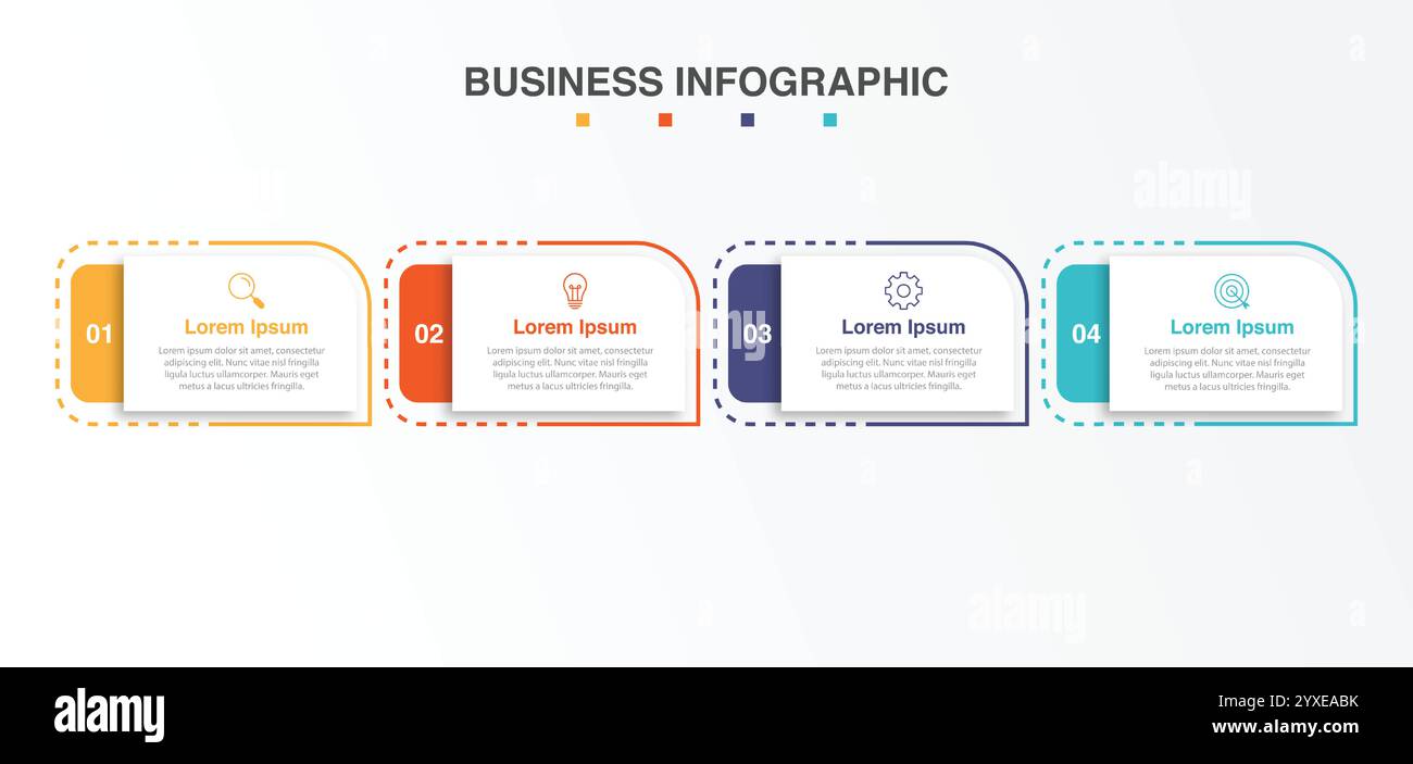 Moderno modello infografico. Design creativo degli elementi del cerchio con icone di marketing. Concetto aziendale con 4 opzioni, passaggi, sezioni. Illustrazione Vettoriale