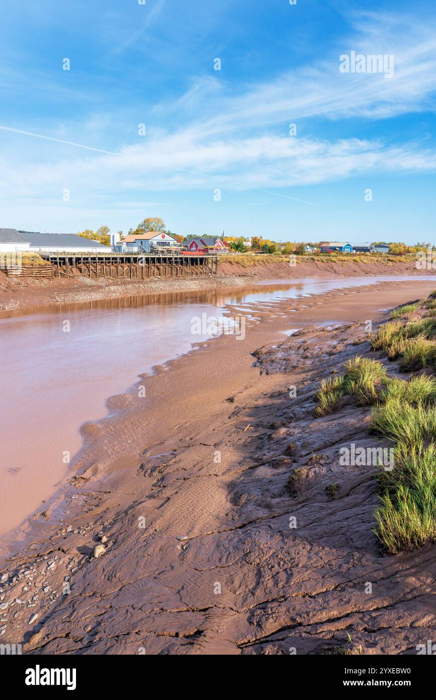 Vista dal Gladys Porter Bridge a Port Williams, nuova Scozia, del fiume Cornwallis con la bassa marea. Foto Stock