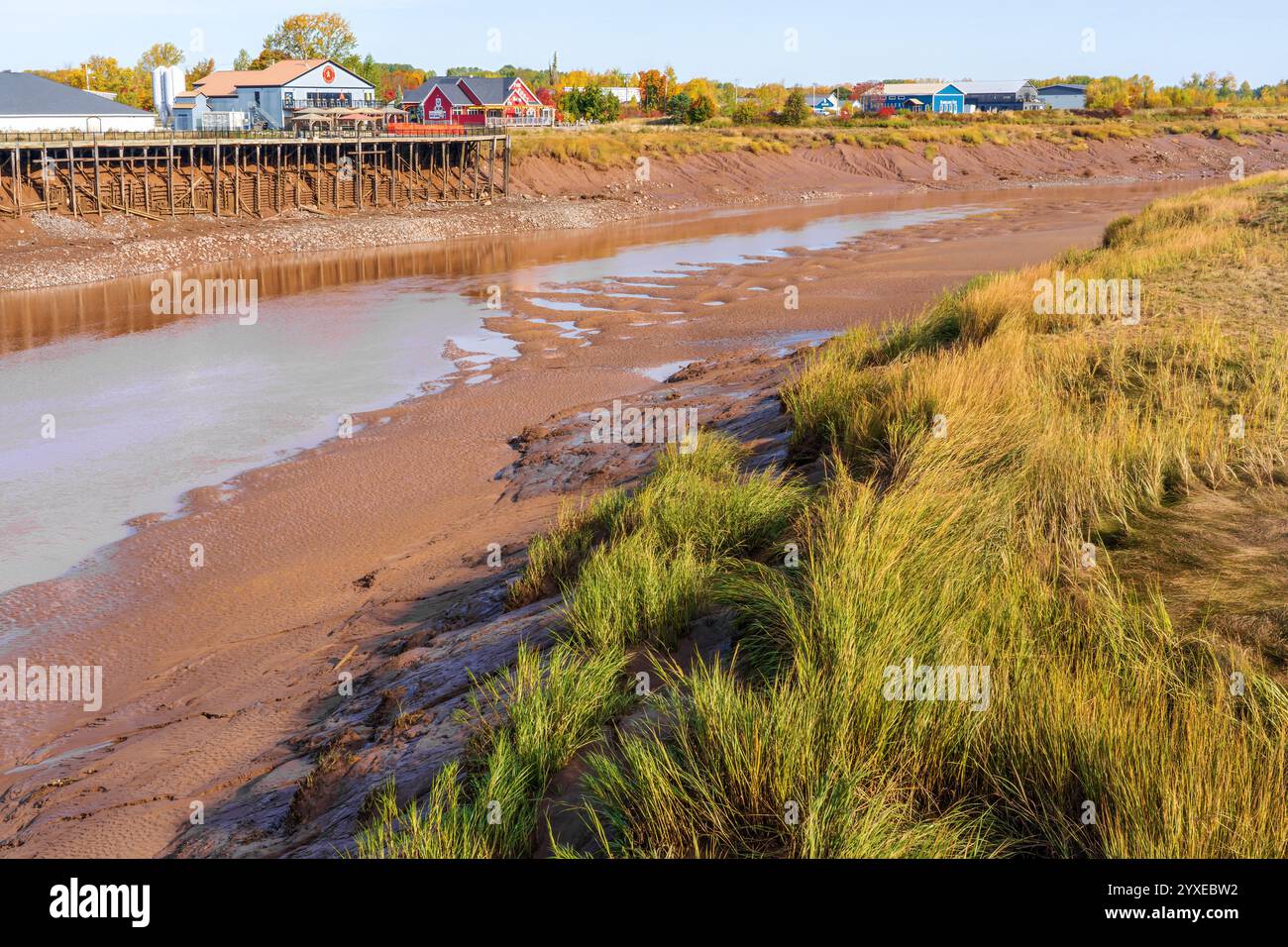 Vista dal Gladys Porter Bridge a Port Williams, nuova Scozia, del fiume Cornwallis con la bassa marea. Foto Stock