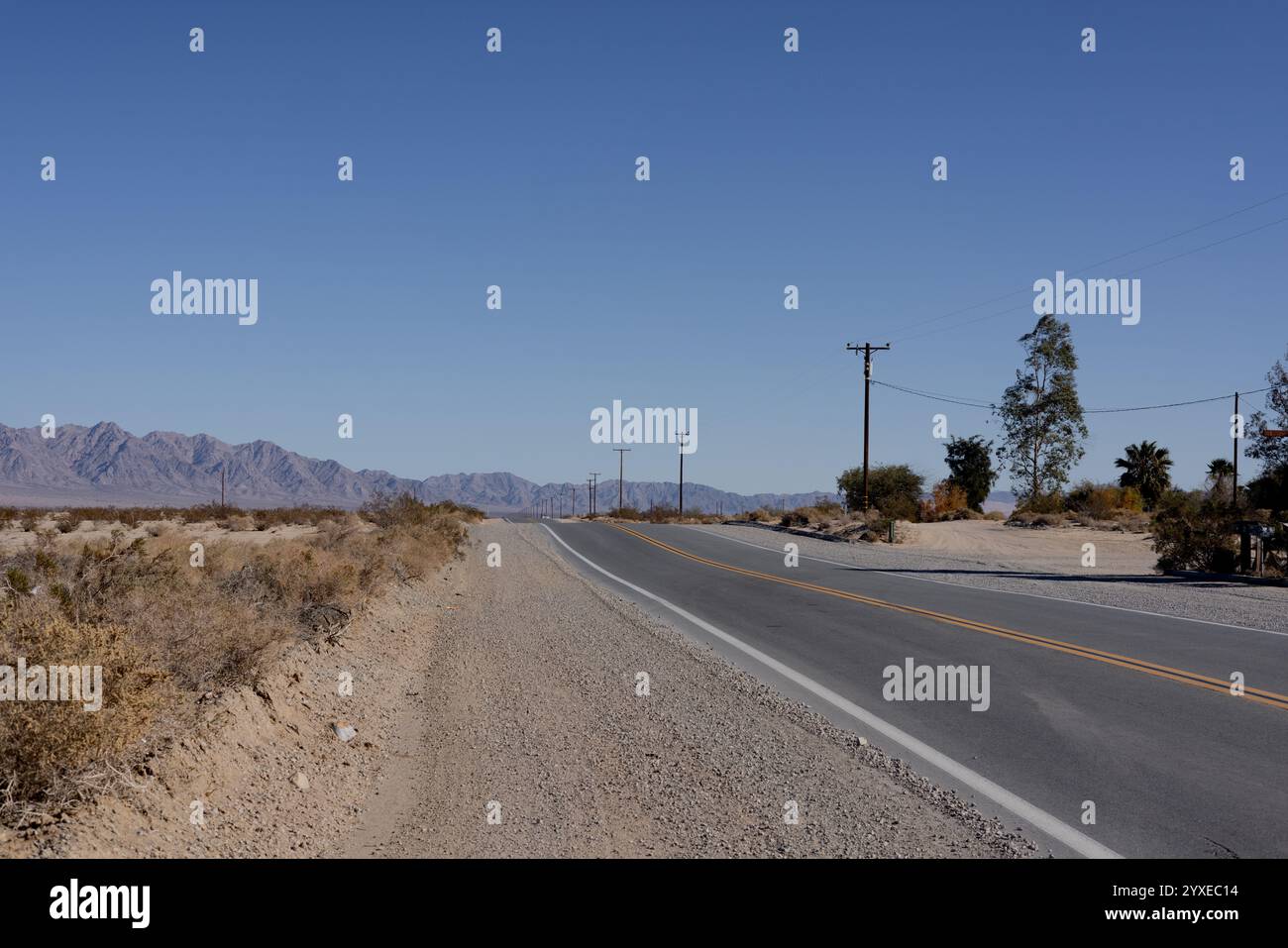 Una strada solitaria che si estende all'infinito attraverso la Palms Wonder Valley della California del 29 Foto Stock