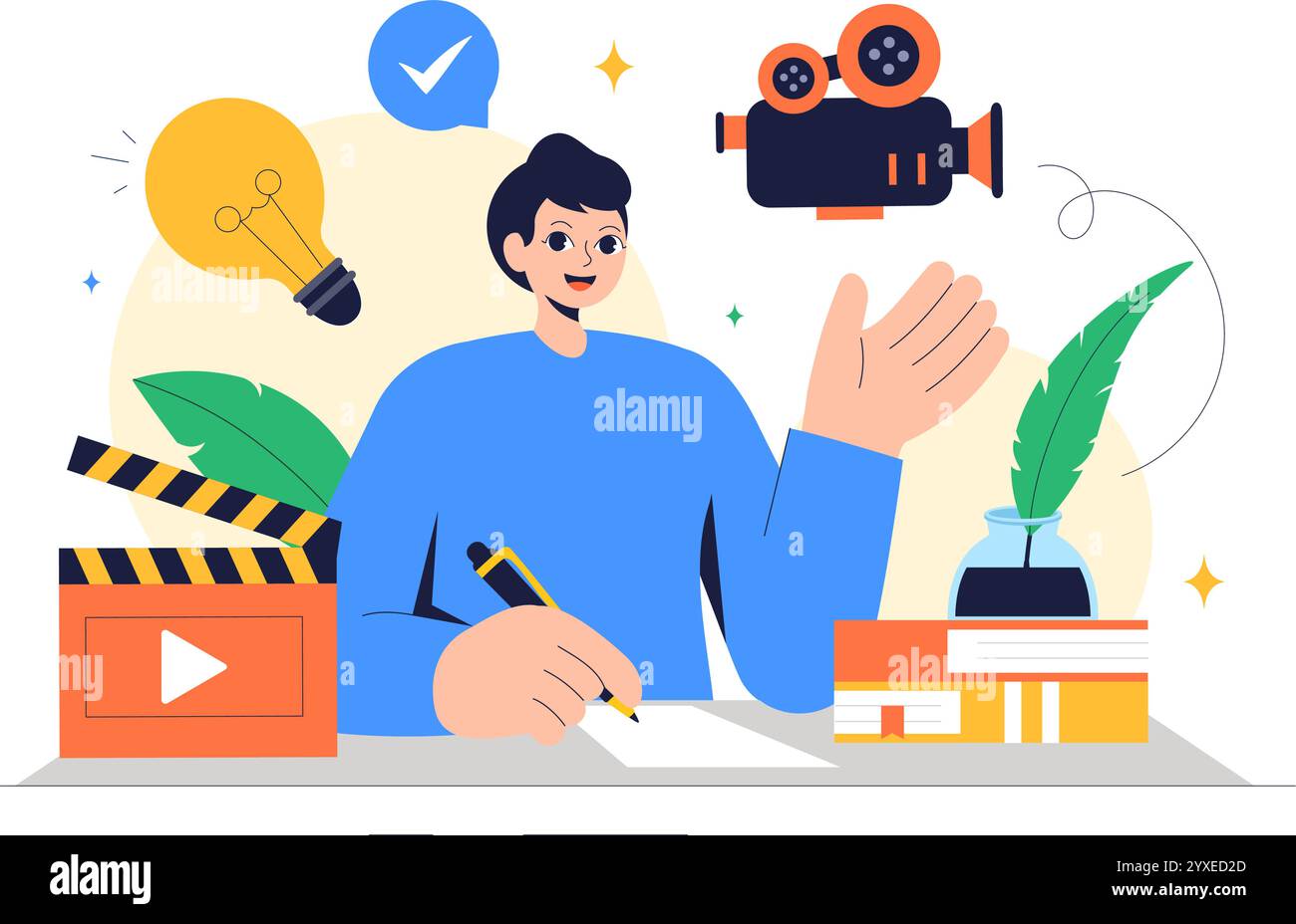 Illustrazione vettoriale dello sceneggiatore con uno scrittore professionista e copywriter per la produzione cinematografica, cinematografica o cinematografica in background Illustrazione Vettoriale