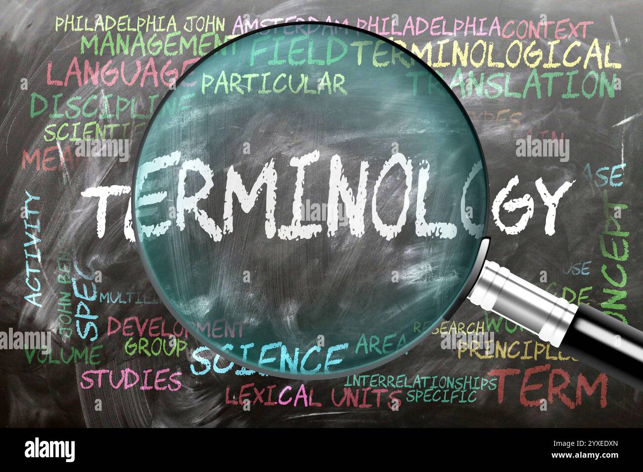 Terminologia studiata, esaminata - sotto stretta ispezione. Argomenti e idee più importanti strettamente correlati alla terminologia scritta su una lavagna Foto Stock