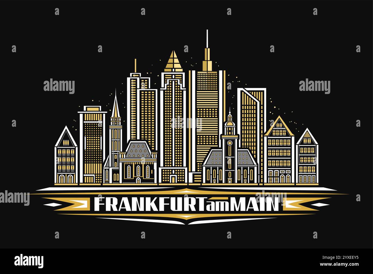 Illustrazione vettoriale di Francoforte sul meno, carta orizzontale scura con design lineare famoso paesaggio della città di francoforte sullo sfondo del cielo notturno, ur europeo Illustrazione Vettoriale