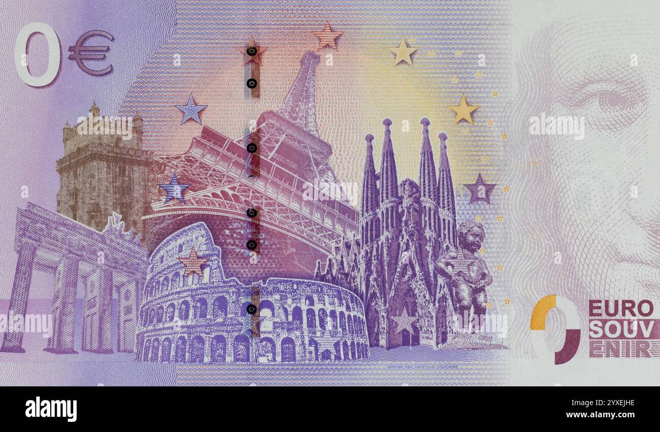 Banconota souvenir della Turchia da 0 euro zero con la rappresentazione di sei monumenti europei: La porta di Brandeburgo di Berlino. La Torre di Belém, la Torre Eiffel di Parigi Foto Stock