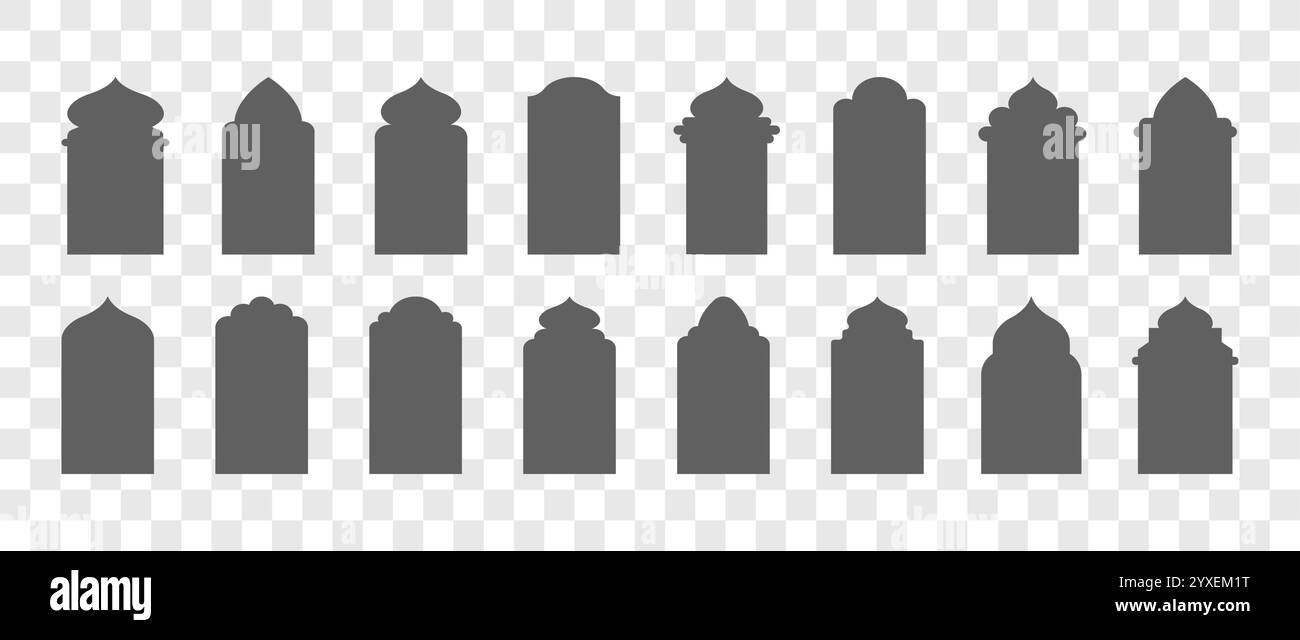 Porta e finestre islamiche. Set di cornici musulmane nere. Cancelli marocchini su sfondo trasparente. Illustrazione vettoriale in stile orientale Illustrazione Vettoriale