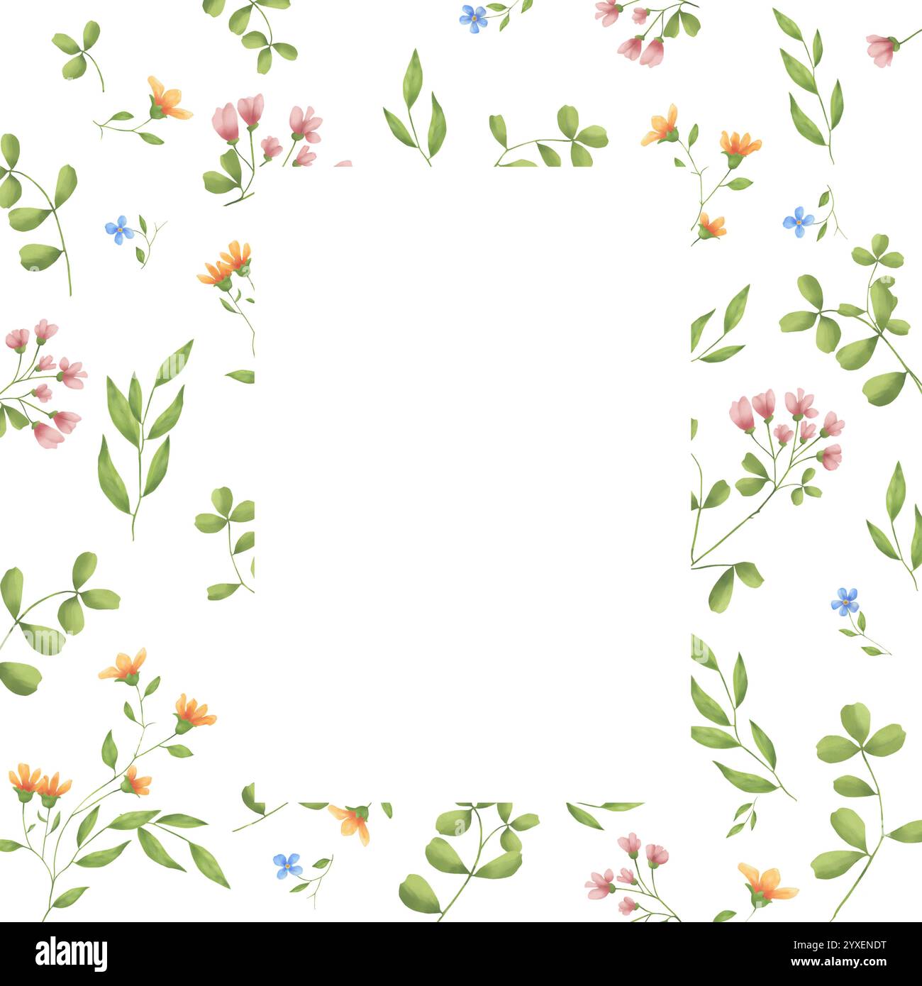 Sulla cornice crescono fiori di prato chiaro e foglie verdi. Illustrazione digitale acquerello. Grazioso motivo floreale, isolato su sfondo bianco. Watercolo Foto Stock