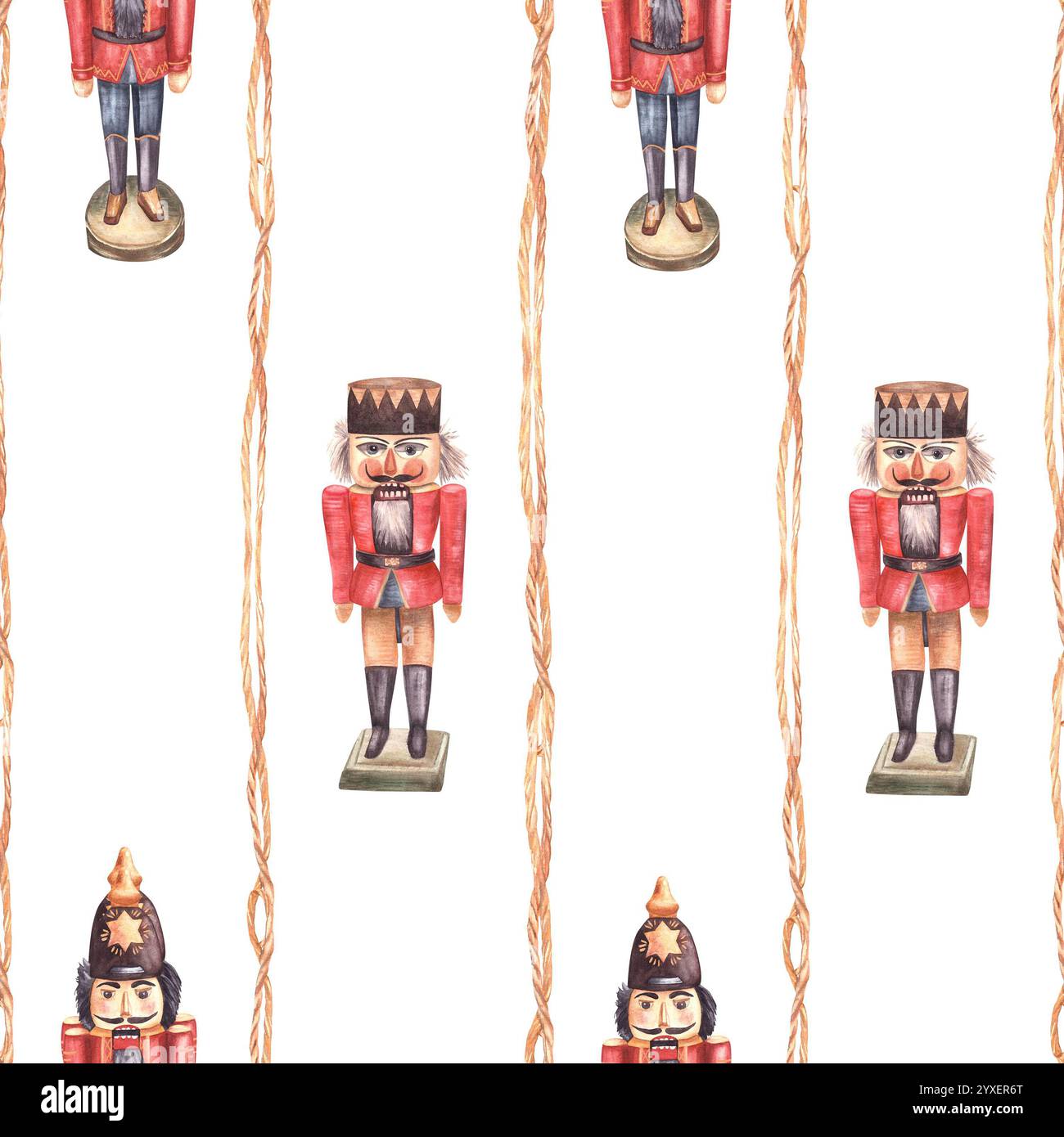 Fantasia senza cuciture dello Schiaccianoci, soldato giocattolo in legno. Acquerello vintage tradizione decorazione albero di Natale illustrazione disegnata a mano. Ornamento a righe per Foto Stock