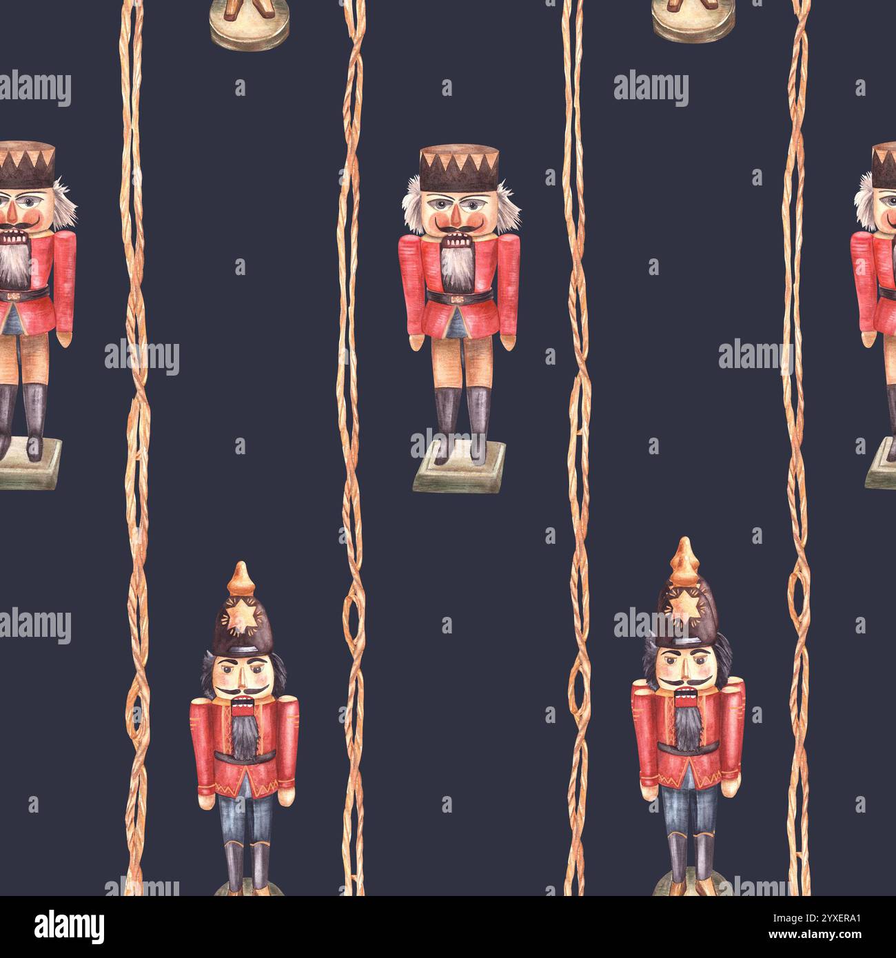 Fantasia senza cuciture dello Schiaccianoci, soldato giocattolo in legno. Acquerello vintage tradizione albero di Natale ornamento retrò. Illustrazione disegnata a mano per le feste Foto Stock