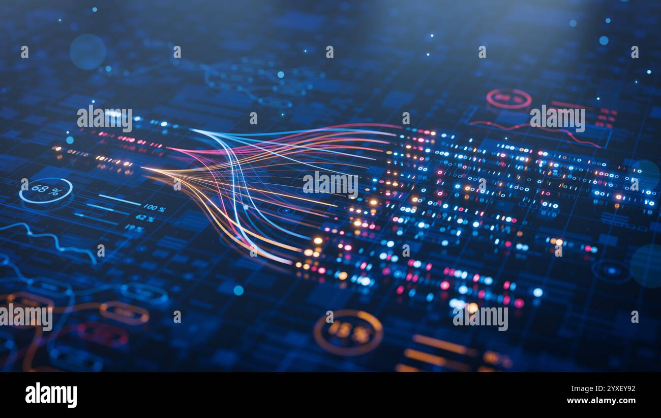 La tecnologia basata SULL'INTELLIGENZA ARTIFICIALE potenzia l'automazione e i flussi di lavoro dei big data, consentendo l'analisi tramite reti neurali e l'analisi dei dati per la business intelligence, Foto Stock