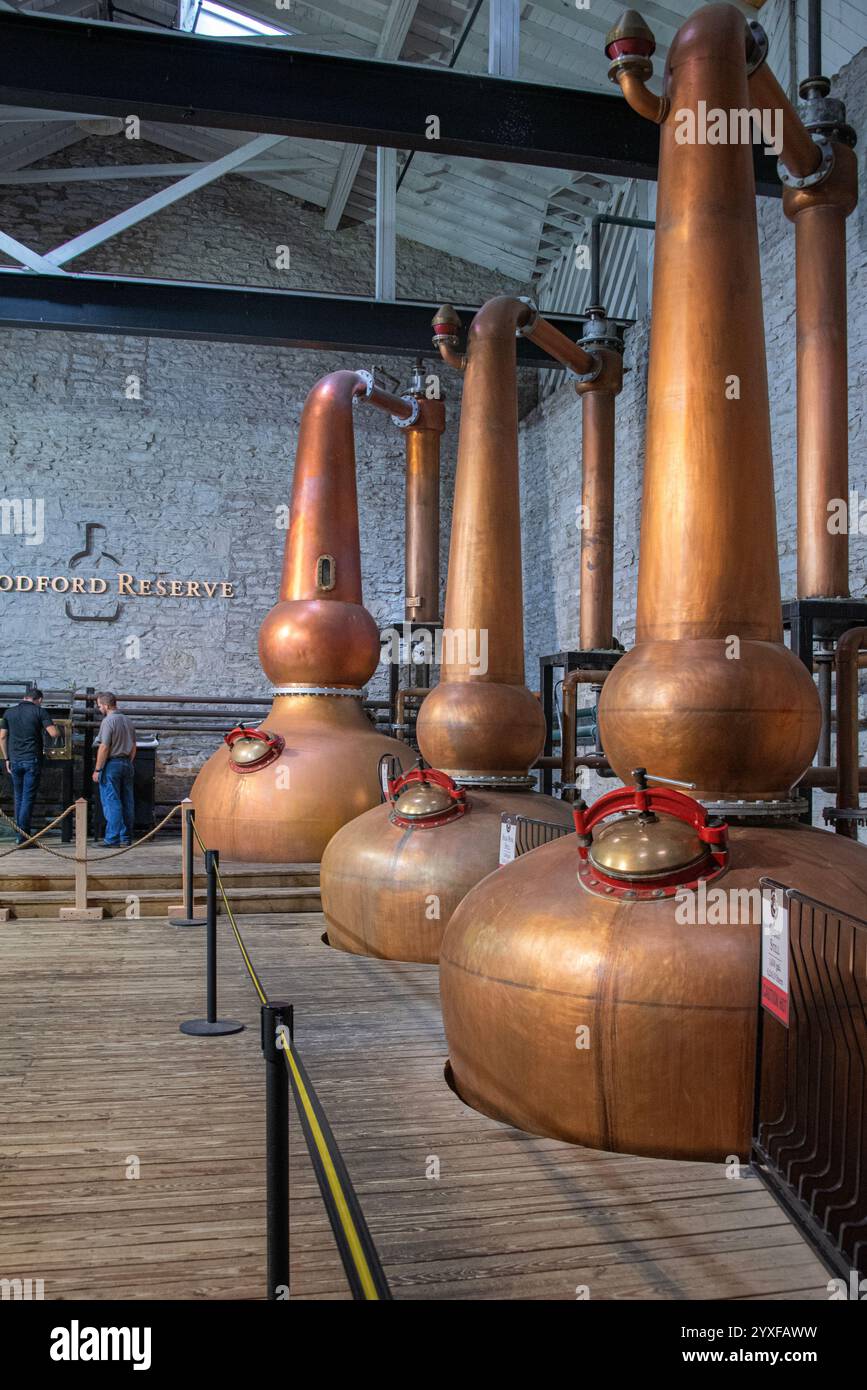 L'immagine mostra l'interno delle cantine bourbon Woodford Reserve, con file di botti di invecchiamento. Le ricche e calde tonalità del legno creano un Foto Stock