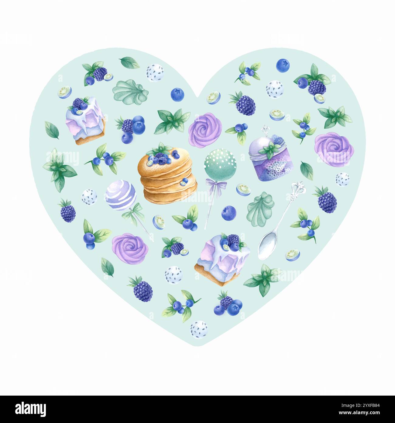 Composizione a forma di cuore con pancake, torte, mirtillo, mora, marshmallow nei colori viola e verde. Disegna a mano un'illustrazione isolata ad acquerello per un romantico biglietto di auguri di San Valentino. Foto Stock