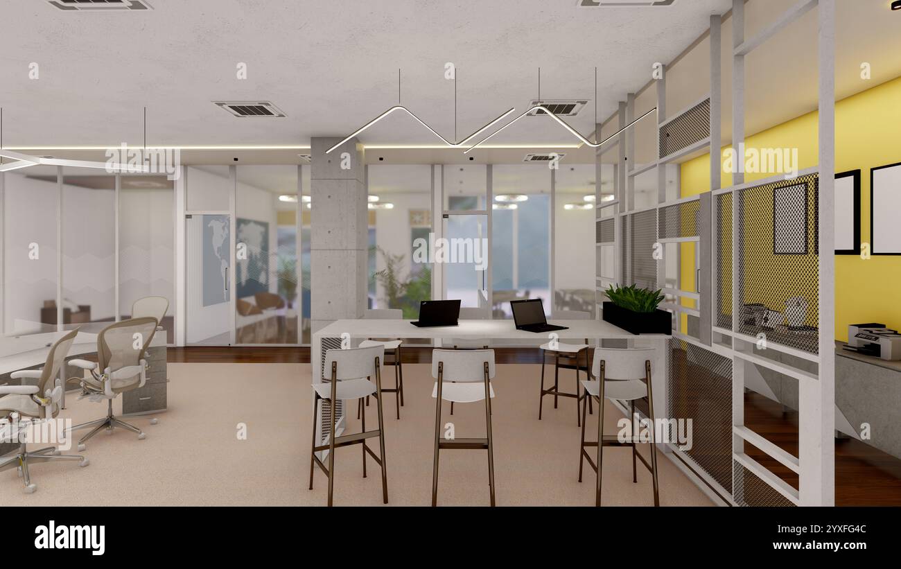 Rendering 3D Open Plan per uffici commerciali con pavimento in legno e illuminazione lineare Foto Stock