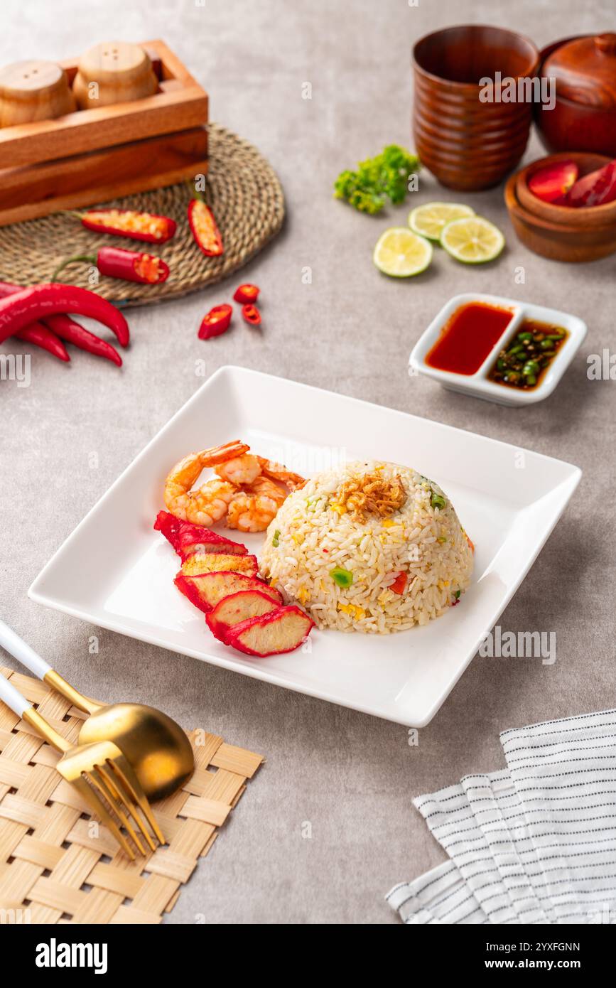 Il riso fritto di Yangzhou è un popolare piatto di riso fritto in stile wok cinese. Cucina cinese cinese asiatica. Autentico riso fritto di Yangzhou con uova, pra fresco Foto Stock