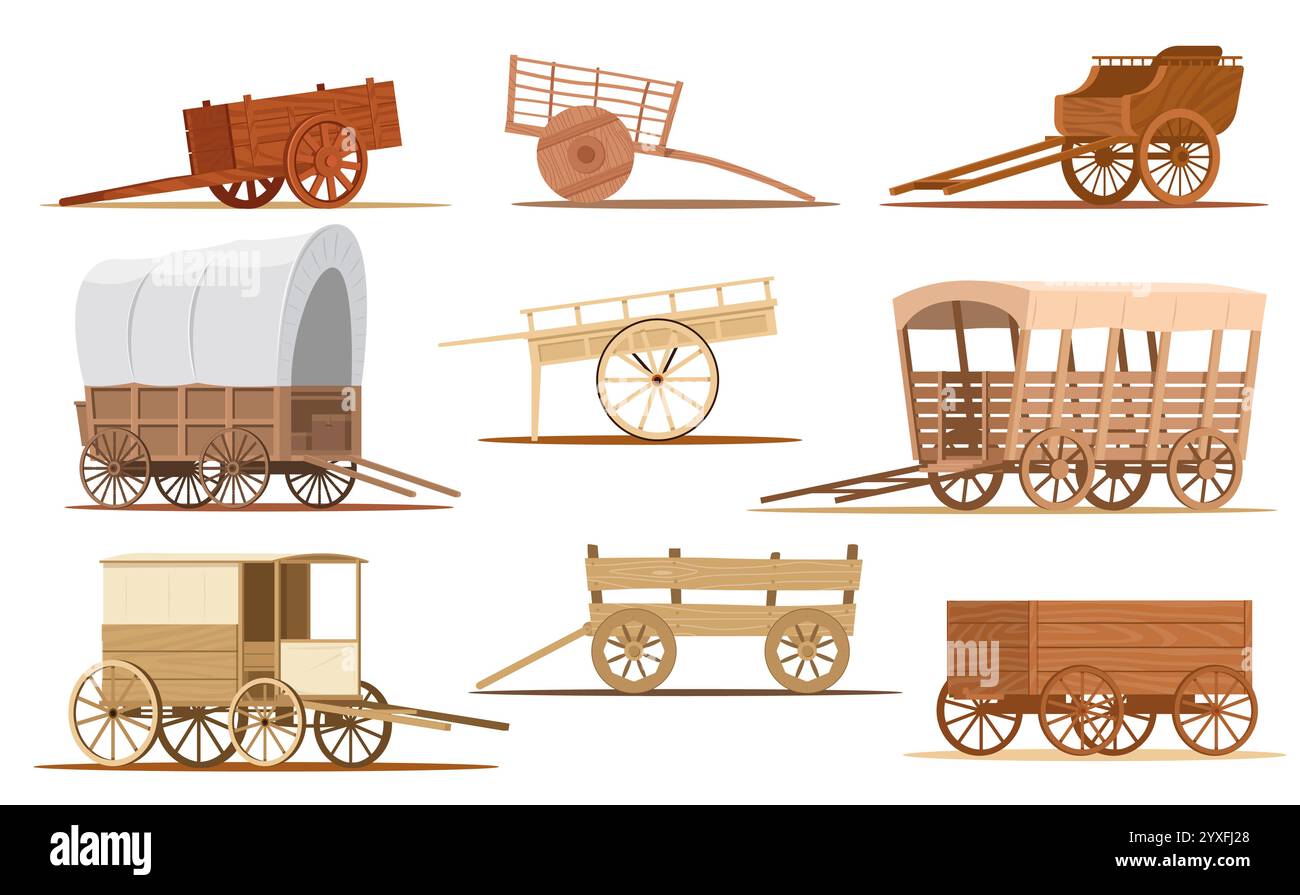 Cartoni animati in legno. Veicolo d'epoca. Vecchia carrozza occidentale con ruote grandi. Carretto del selvaggio West. Carriola con tenda coperta. Viaggio in carrozza. Carico o passante Illustrazione Vettoriale