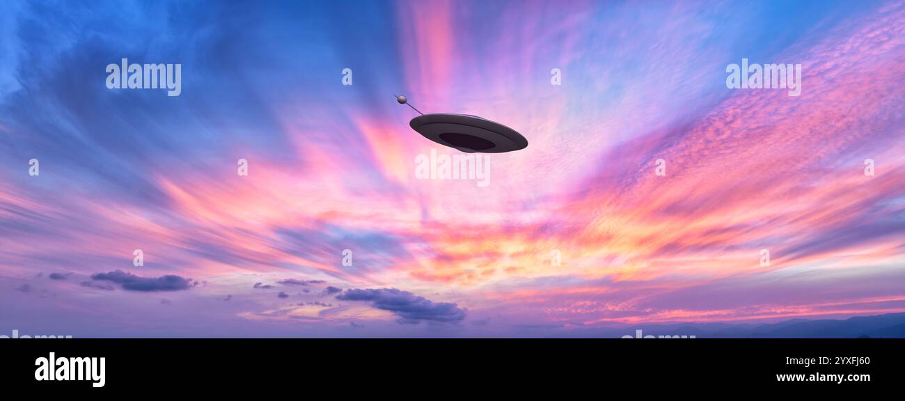 Un drone UFO sta sorvolando l'oceano contro un colorato Sunset Sky Banner Header Image Format Foto Stock