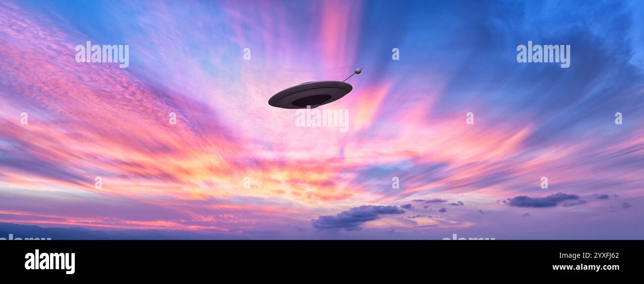 Un drone UFO sta sorvolando l'oceano contro un colorato Sunset Sky Banner Header Image Format Foto Stock