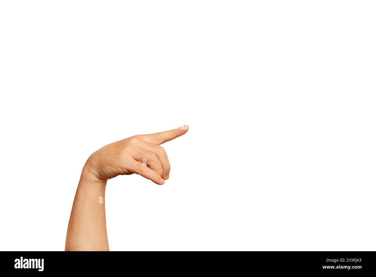 Mano dell'uomo che fa un gesto puntato verso destra su uno sfondo bianco Foto Stock