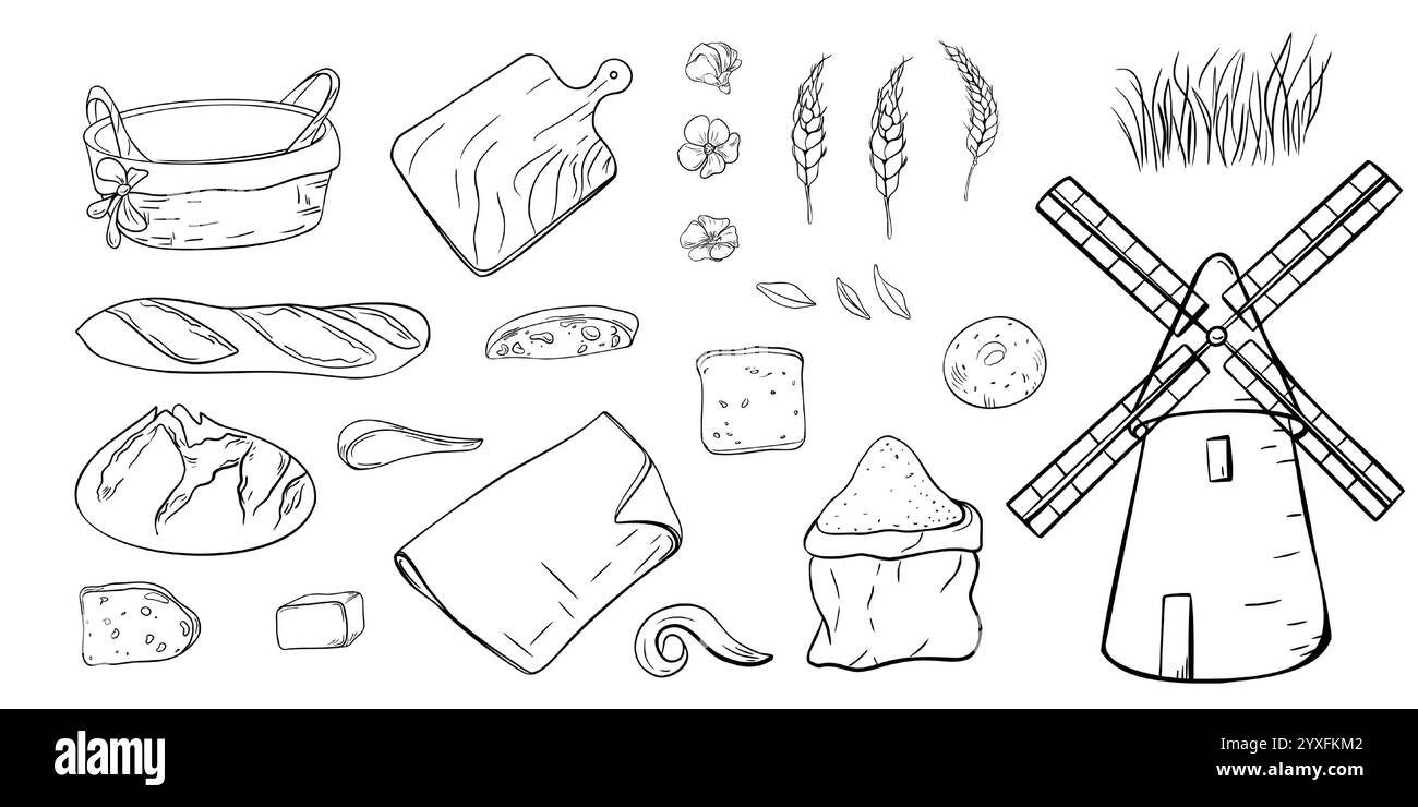 Mulino a vento, orecchie di grano, cestello vuoto per paglia e pane assortito estratto a mano, isolato dal vettore bianco-nero. Serie di illustrazioni di righe per i temi di Illustrazione Vettoriale