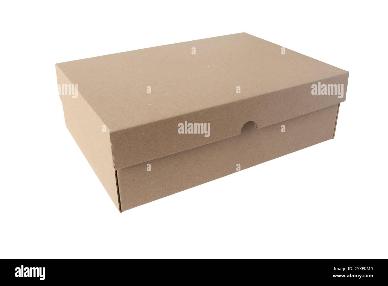 Scatola di carta marrone artigianale isolata su bianco. Contenitore rettangolare in cartone con coperchio. Scatola chiusa in cartone ondulato. Foto Stock