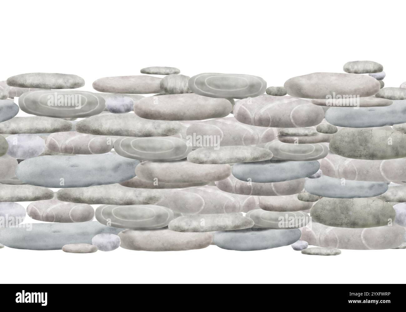 Superficie in pietra realizzata in pietre lisce, bordo senza cuciture orizzontale. Illustrazione digitale acquerello. Recinzione grigia fatta di rocce diverse, ciottoli. St Foto Stock