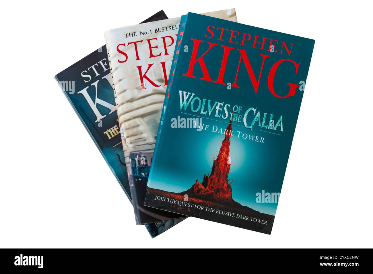 Selezione di libri di Stephen King con Wolves of the Calla The Dark Tower V in cima isolato sul bianco - quinto libro della serie Dark Tower Foto Stock