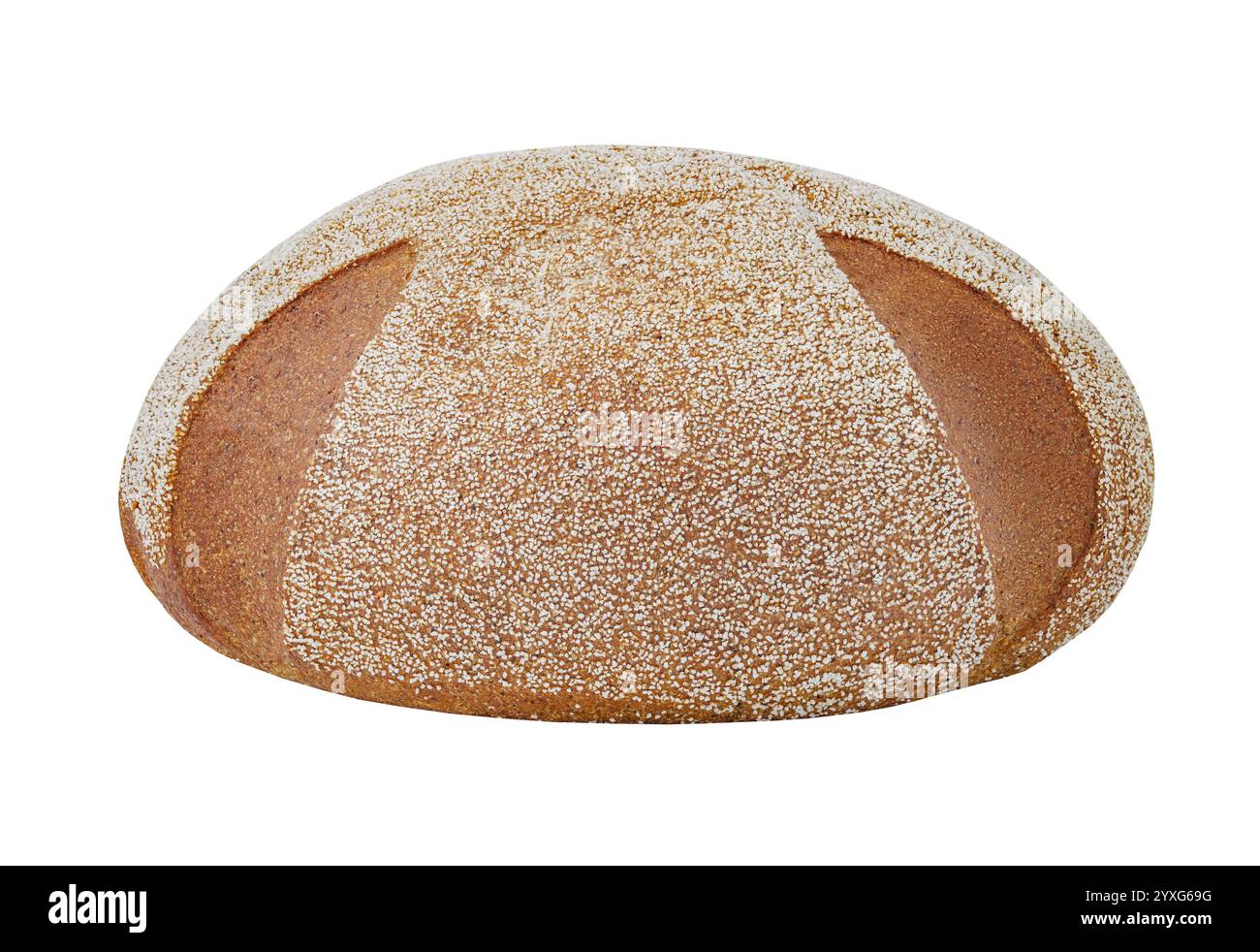 pane fresco rotondo con spolverini di semola, isolato su sfondo bianco Foto Stock