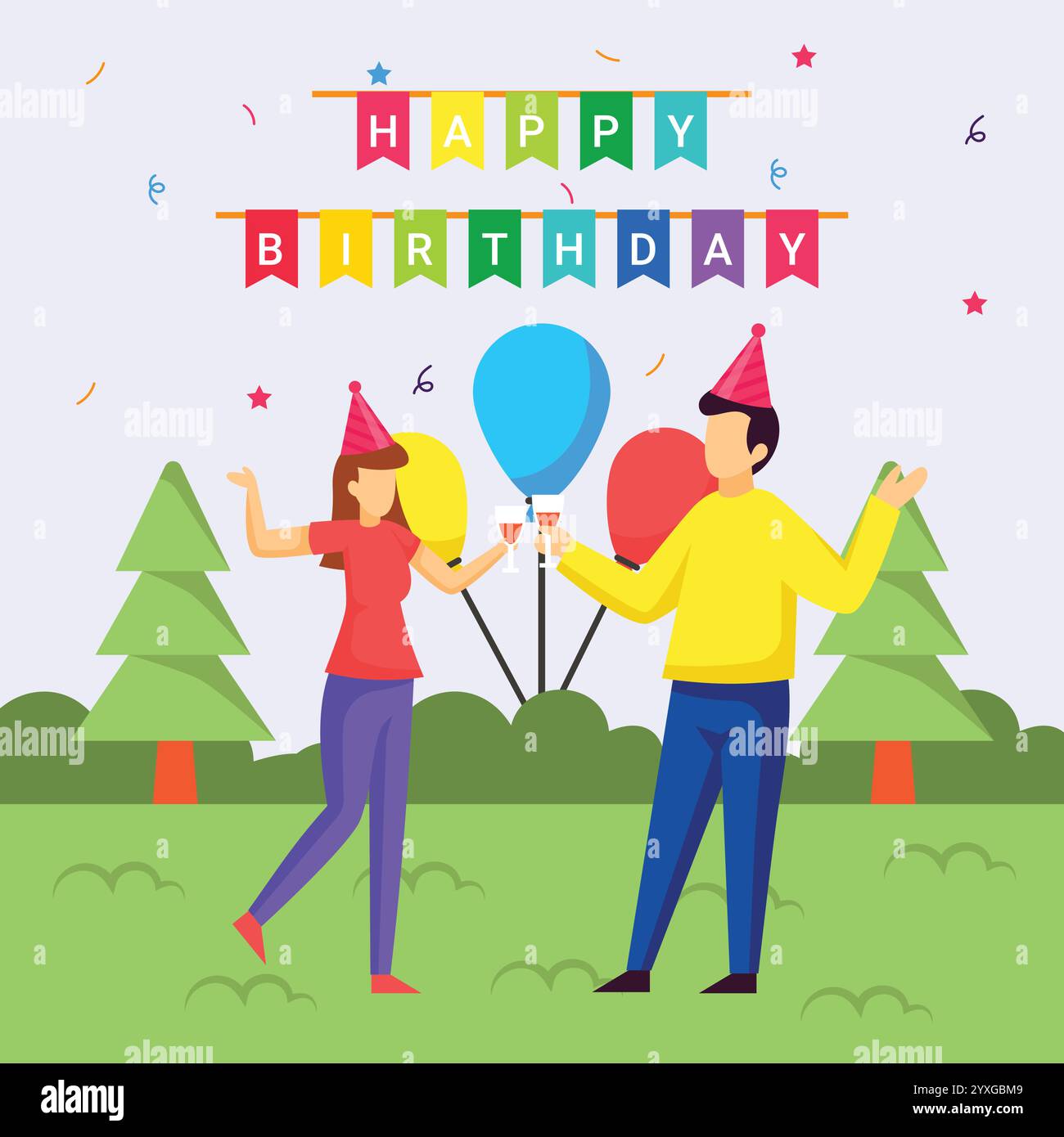 Tradizione di toccare o stringere gli occhiali in coppia mentre si festeggia al design vettoriale del parco, biglietto speciale per gli eventi dell'anniversario, saluti un'altra volta Illustrazione Vettoriale