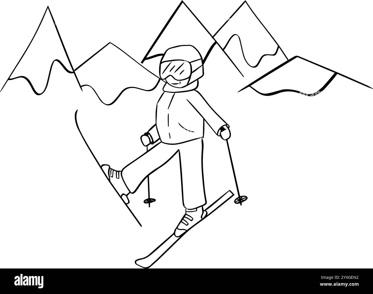 Illustrazione vettoriale dello sciatore stile di disegno della linea grafica. Felice sciatore sulla composizione delle montagne Illustrazione Vettoriale