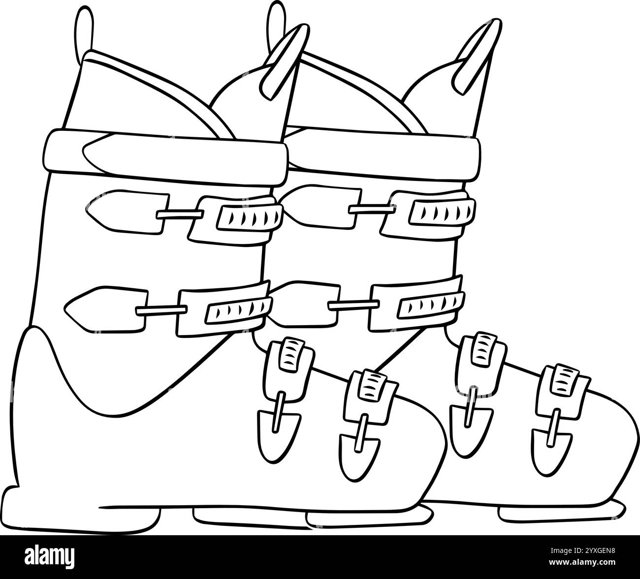 Composizione scarponi da sci. Apparecchiatura grafica vettoriale illustrazione disegnata a mano isolata su sfondo bianco. Illustrazione Vettoriale