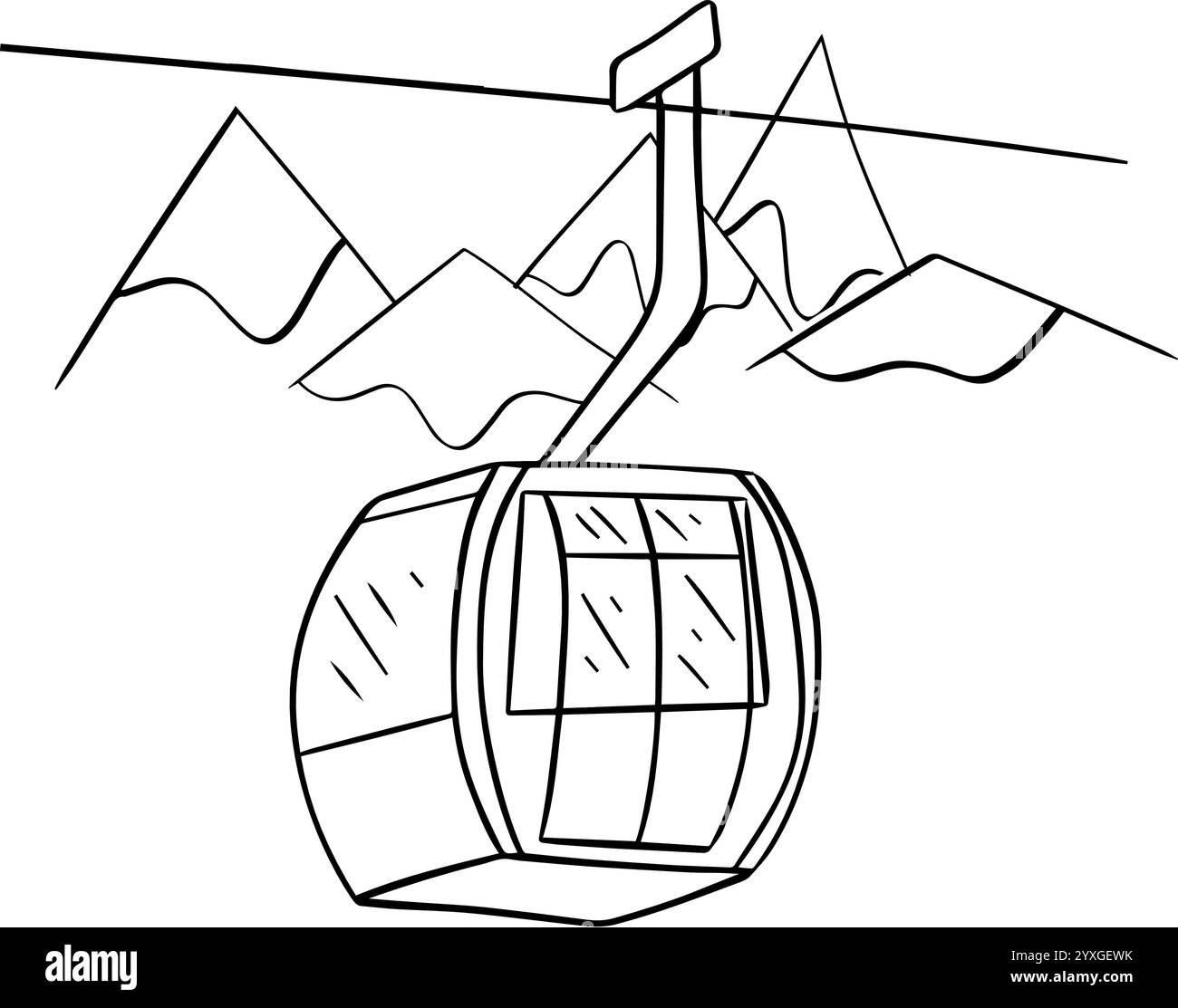 Trasporto in funivia, composizione grafica grafica grafica delle linee. Gondola nel cielo e montagne con nuvole. Sport invernali ricreativi, vacanze e vacanze Illustrazione Vettoriale