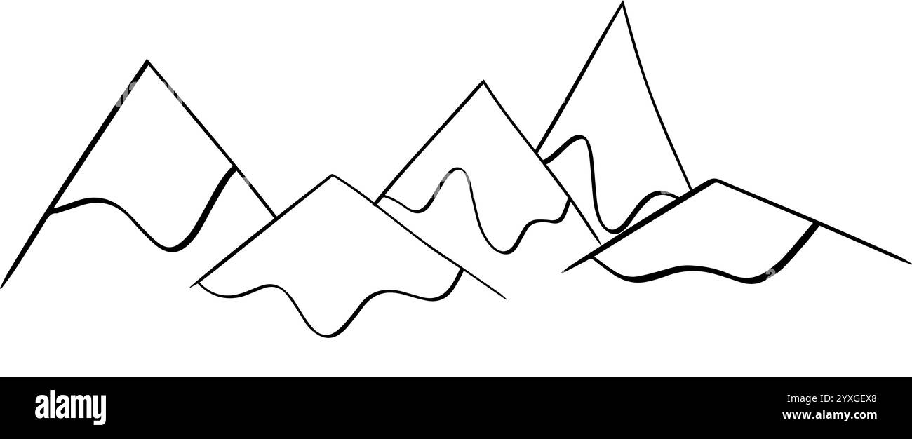 Linea grafica montagne composizione vettoriale con paesaggio orizzontale e scogliere ricoperte di neve Illustrazione Vettoriale
