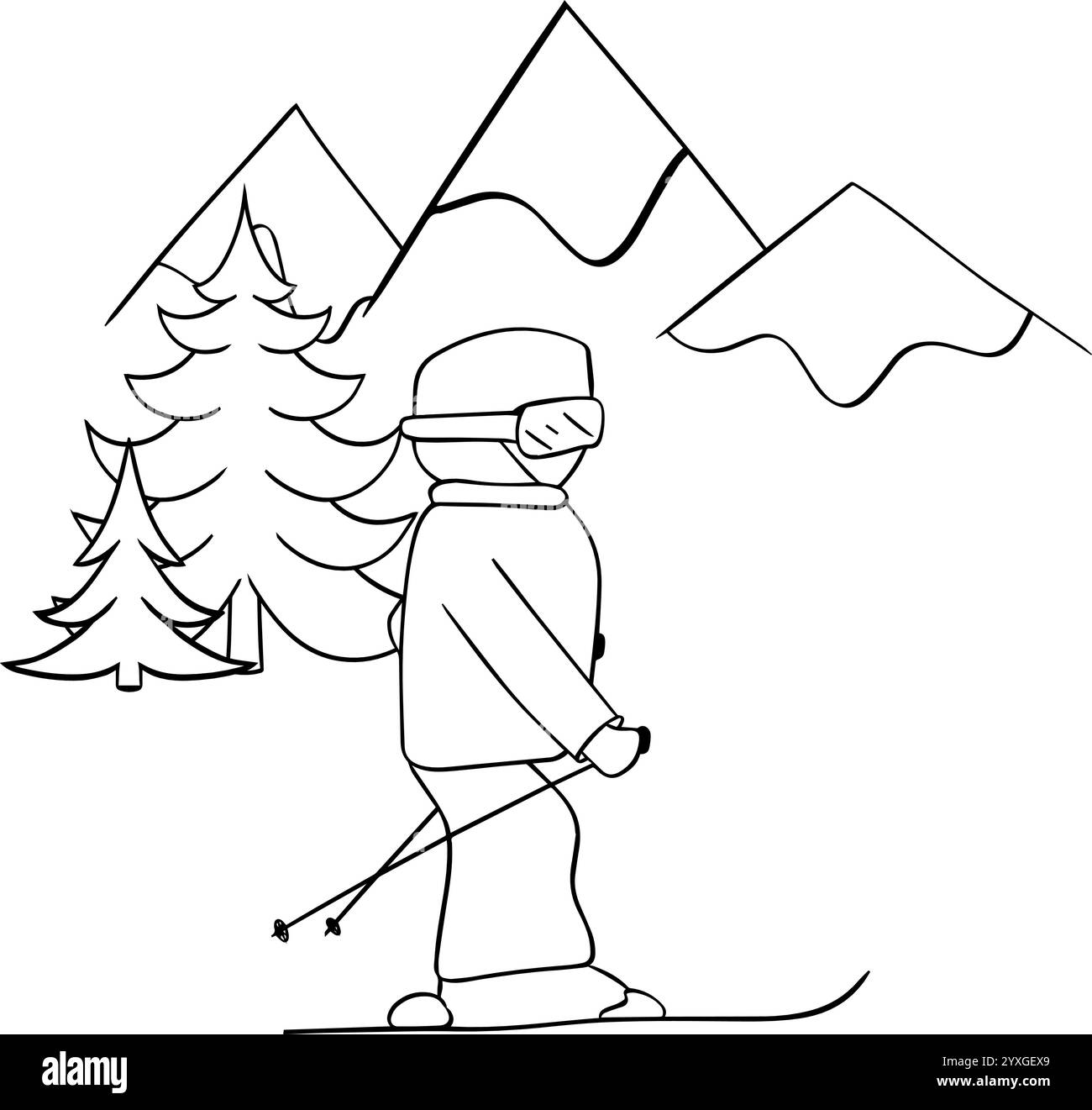Paesaggio della stazione sciistica di montagna. Design di banner Web invernali. illustrazione grafica della linea dello sciatore in montagna con pini. Illustrazione vettoriale Illustrazione Vettoriale