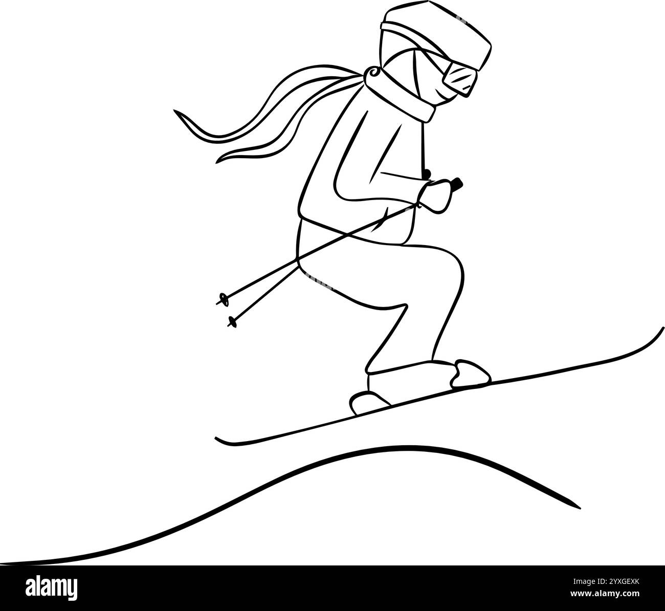 Silhouette di uno sciatore che salta in azione composizione grafica delle linee vettoriali. Cattura l'emozione e l'energia degli sport invernali. Perfetto per Illustrazione Vettoriale