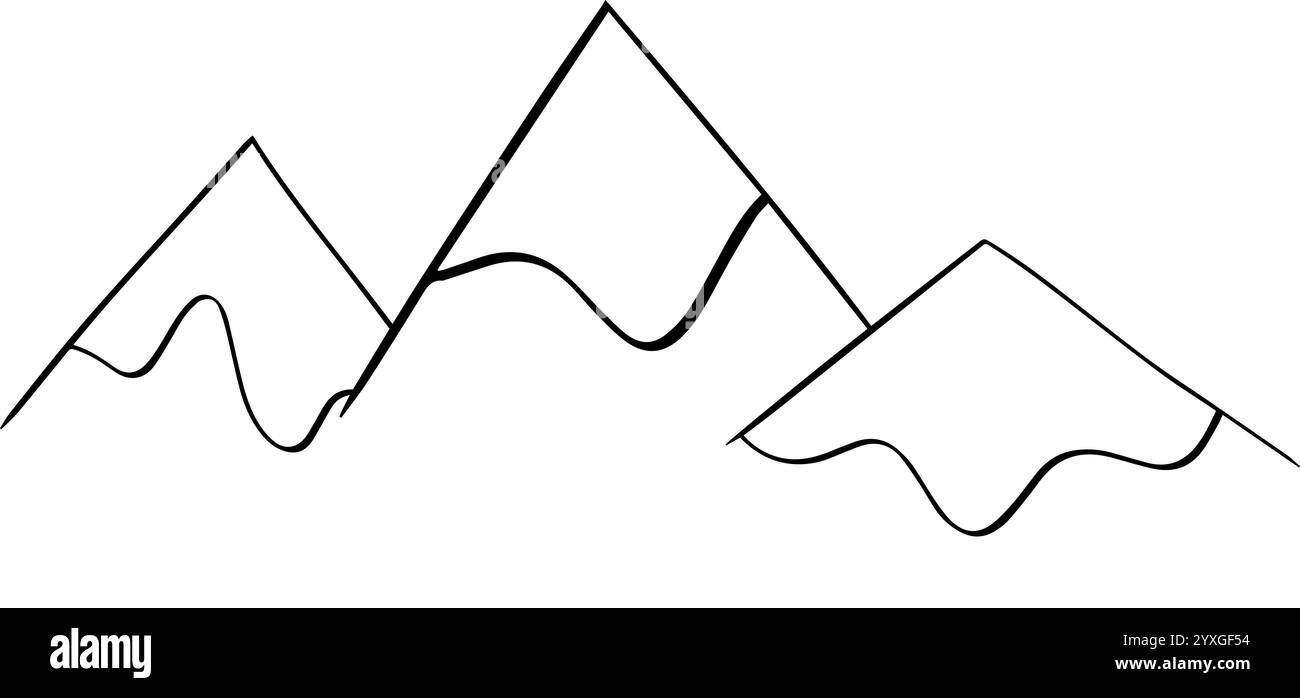 Profilo di tre montagne con tre cime su sfondo bianco. illustrazione della linea grafica vettoriale Illustrazione Vettoriale